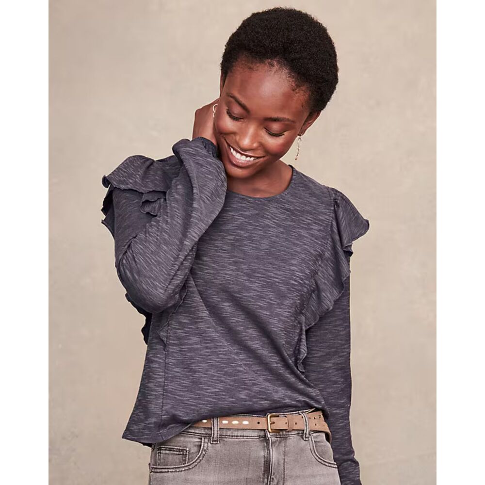 Garnet Hill Women's XS Reia Ruffle-Shoulder Tee Long Sleeve Gray Scoop Neck
